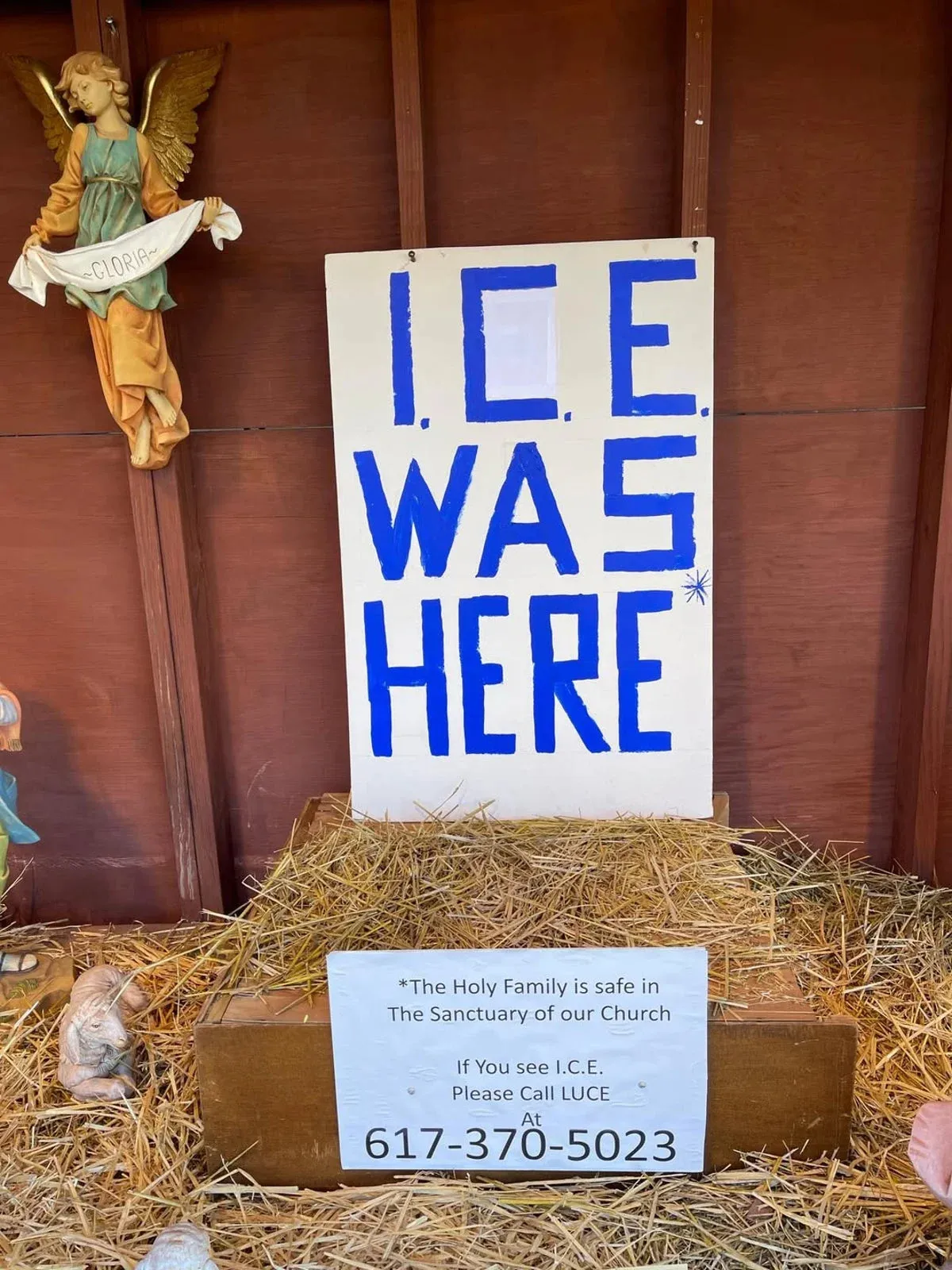 Controversy sparked as church replaces Biblical figures in Nativity scene with sign reading ‘ICE was here’
