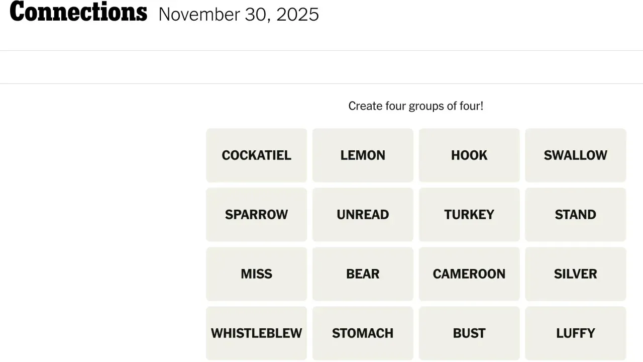 NYT 'Connections' Clues and Solutions for Today, Sunday, November 30