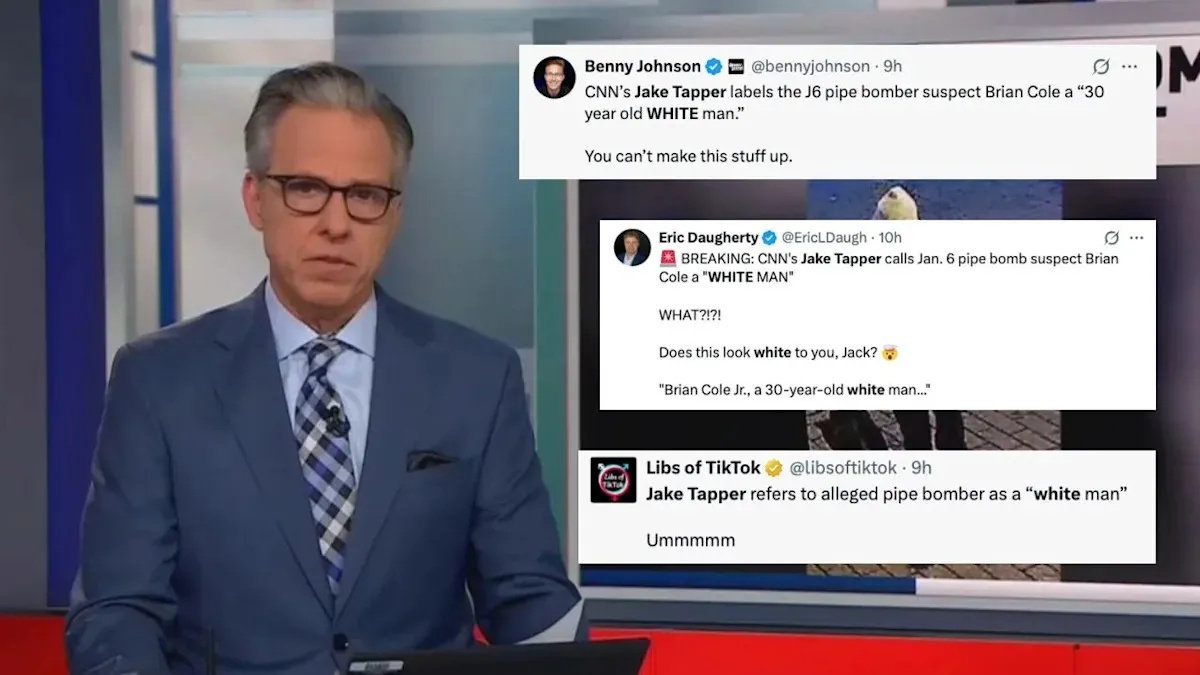 'MAGA Reacts to CNN's Jake Tapper Misidentifying J6 Pipe Bomb Suspect as 'White' with 'WTF?!'